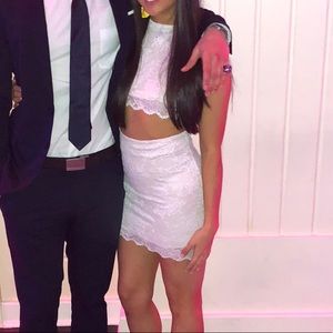 Two-piece white lace bodycon with nude underlay